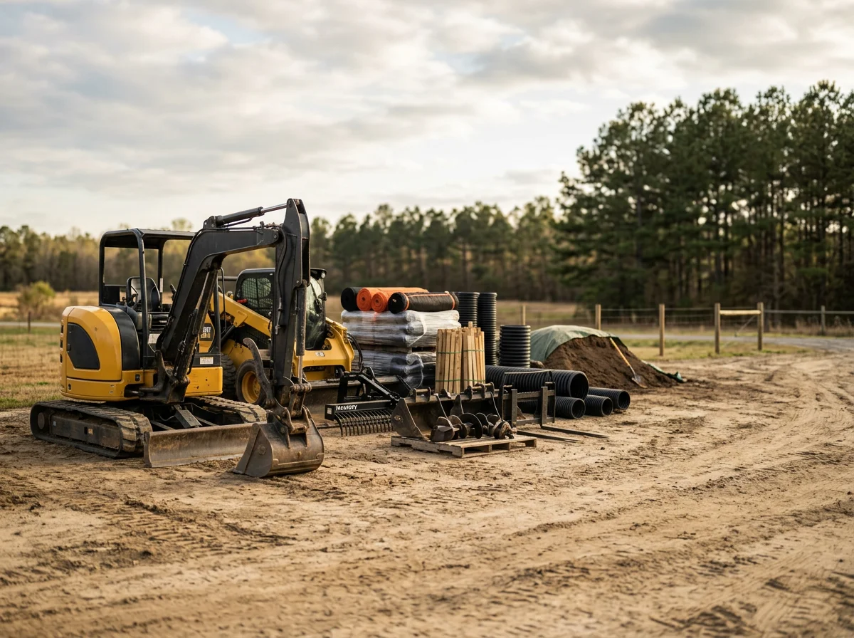 Landscape equipment and tools ready for grading, clearing, and erosion control work on a job site.