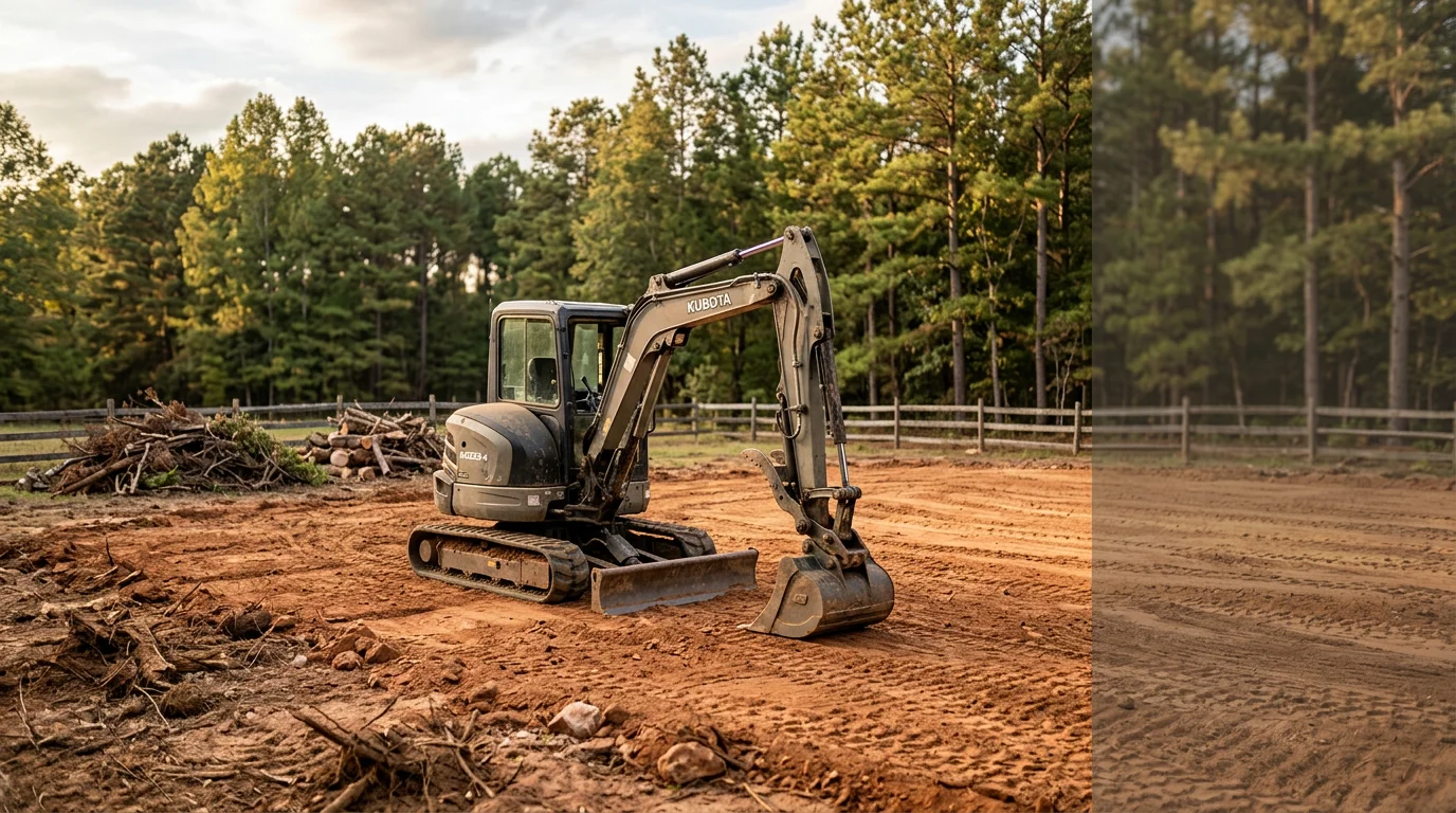 Landscape grading and land clearing equipment at work on a North Carolina property