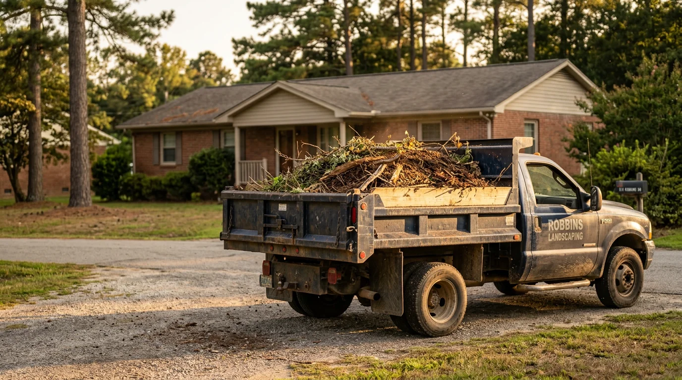 Landscape management truck hauling debris and cleared material from a North Carolina property