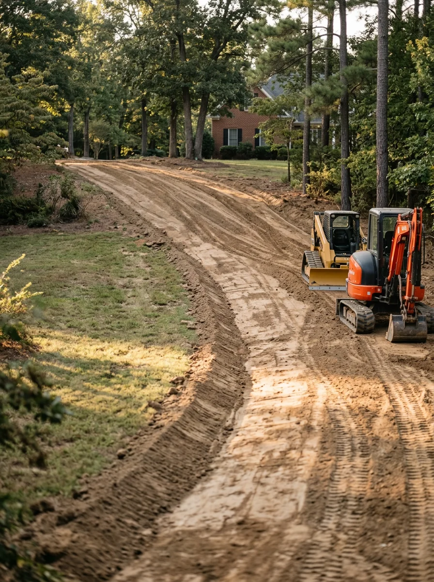 Residential driveway and yard grading project on sloped Central Statesville property with drainage swale
