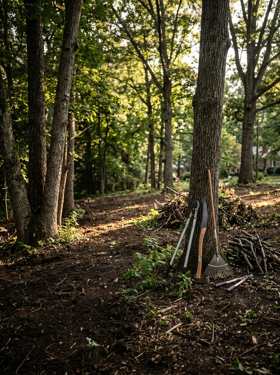 Brush management work on an older Chapel Hill, NC lot near the UNC campus, with cleared invasive understory and intact mature trees on a rolling Piedmont terrain lot in Carrboro.