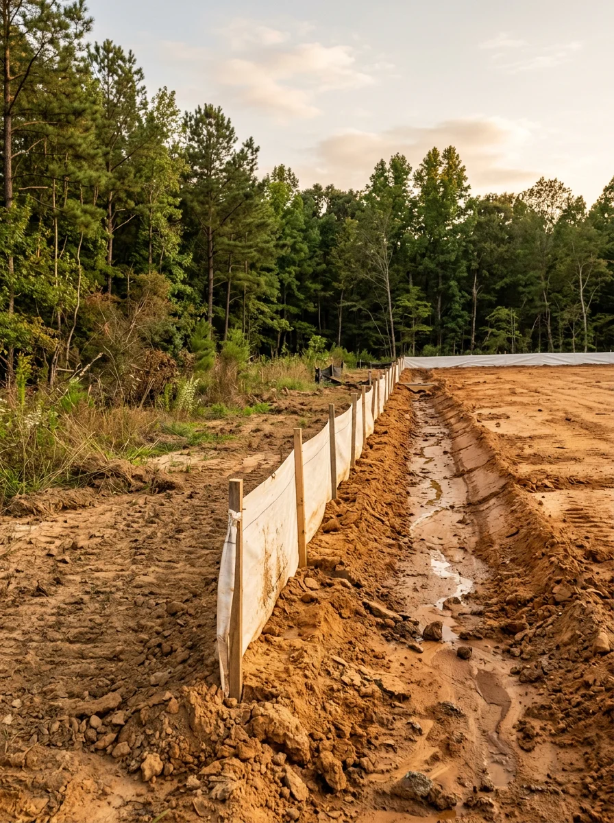 A commercial site grading job in Durham, NC near a major corridor, showing graded Piedmont clay soil with erosion control silt fencing and a drainage swale directing runoff away from the building pad.