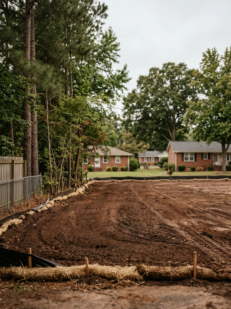 A residential lot clearing job in a Fayetteville, NC suburban neighborhood, with brush and debris removed and bare soil ready for grading and erosion control measures.