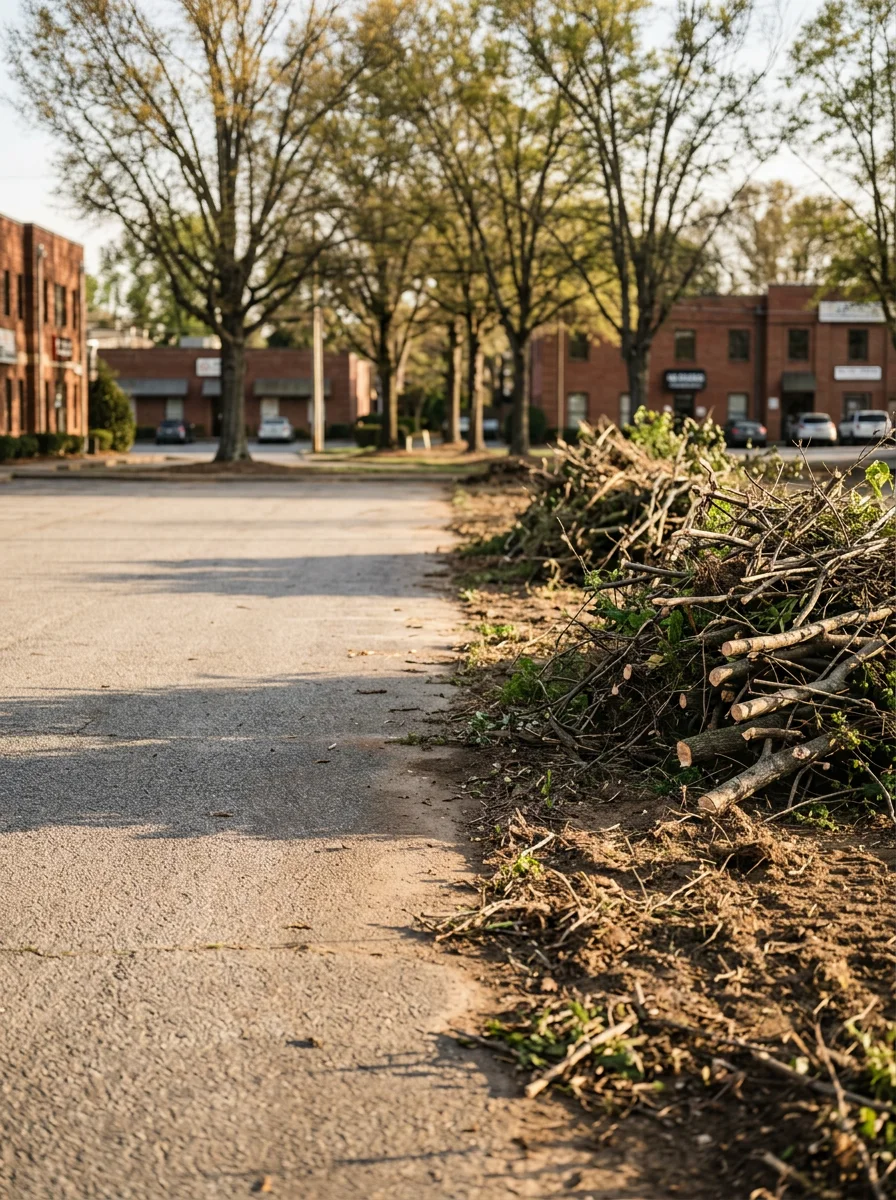 Brush management work on an overgrown Greensboro, NC commercial lot, with cleared vegetation and debris piled for hauling along a Guilford County commercial corridor.