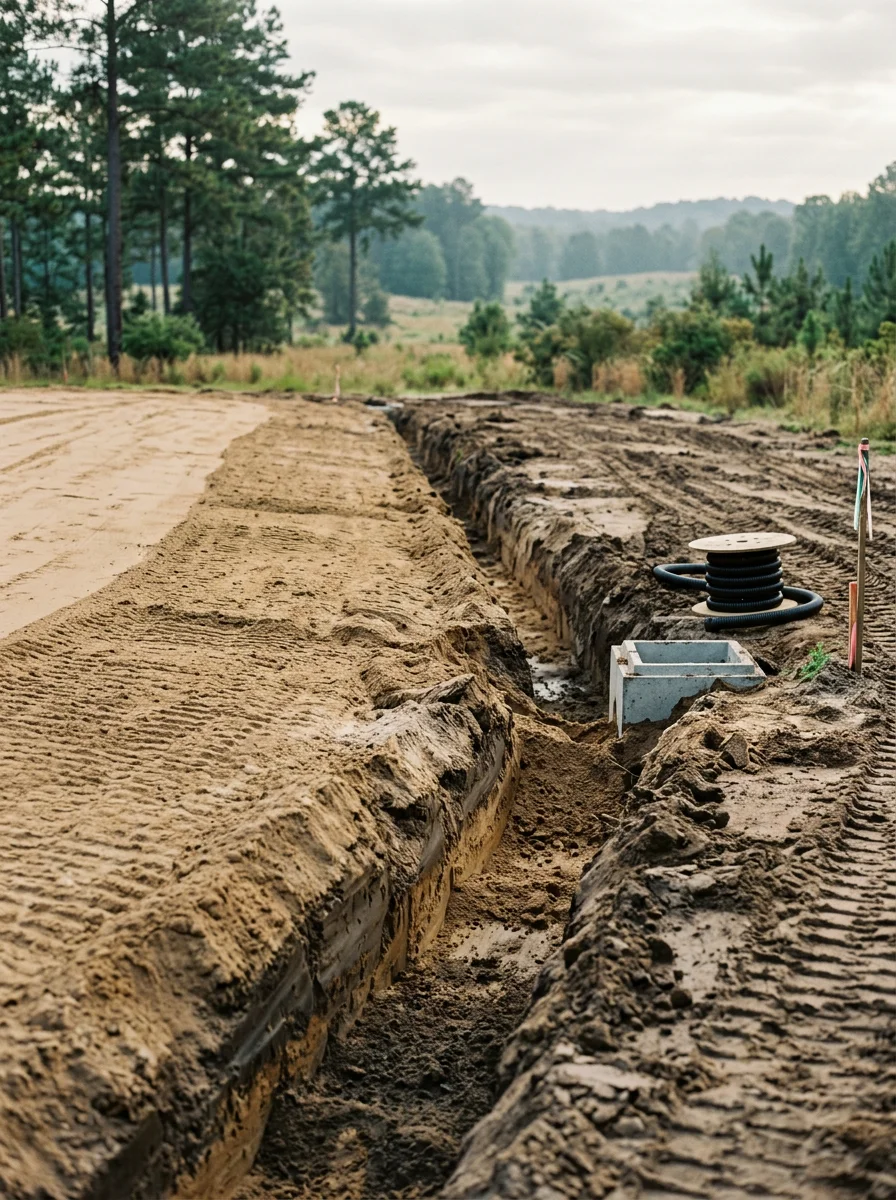 Sandy soil and drainage work on a Moore County property with clay-rich northern valley landscape in background
