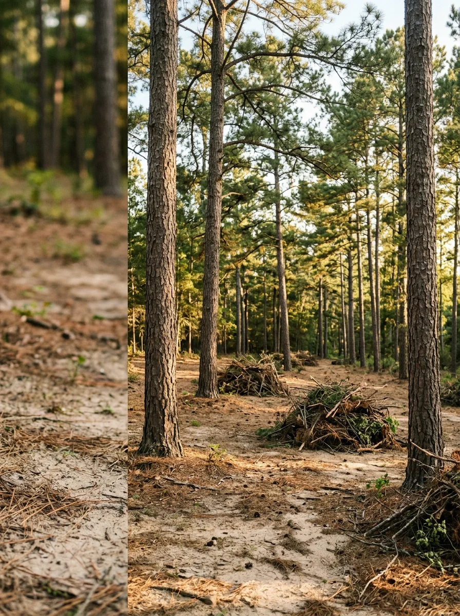 Brush management work on a wooded Pinehurst, NC residential lot, with cleared pine understory and intact mature trees on sandy Sandhills soil.