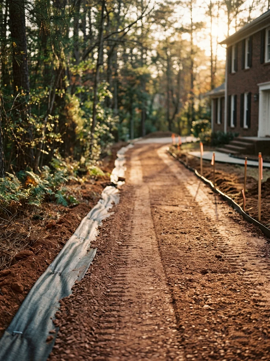 A driveway installation on a sloped Raleigh, NC residential lot, showing compacted aggregate base material on clay soil with graded edges and erosion control along the driveway margins.