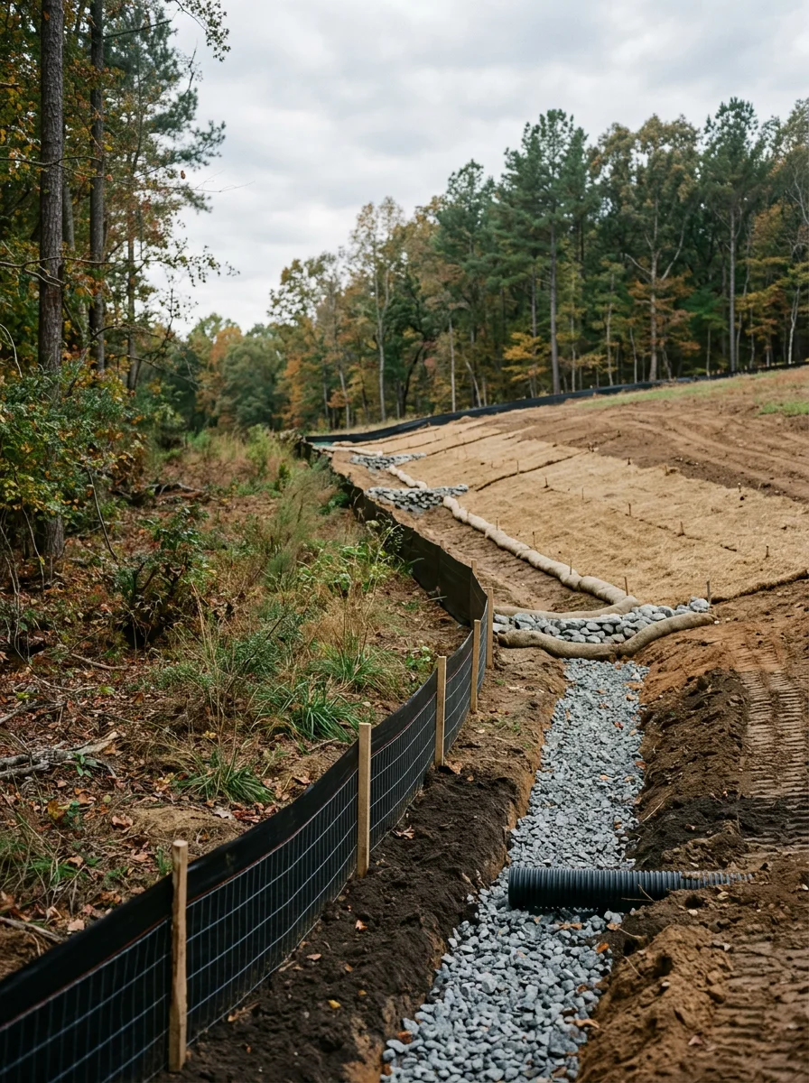 Erosion control and drainage installation on sloped Randolph County property with sandy loam soil