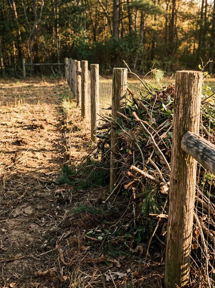 Close-up of a brush management job on a rural Robbins, NC lot, with cleared field edges and stacked debris ready for hauling along a fence line.