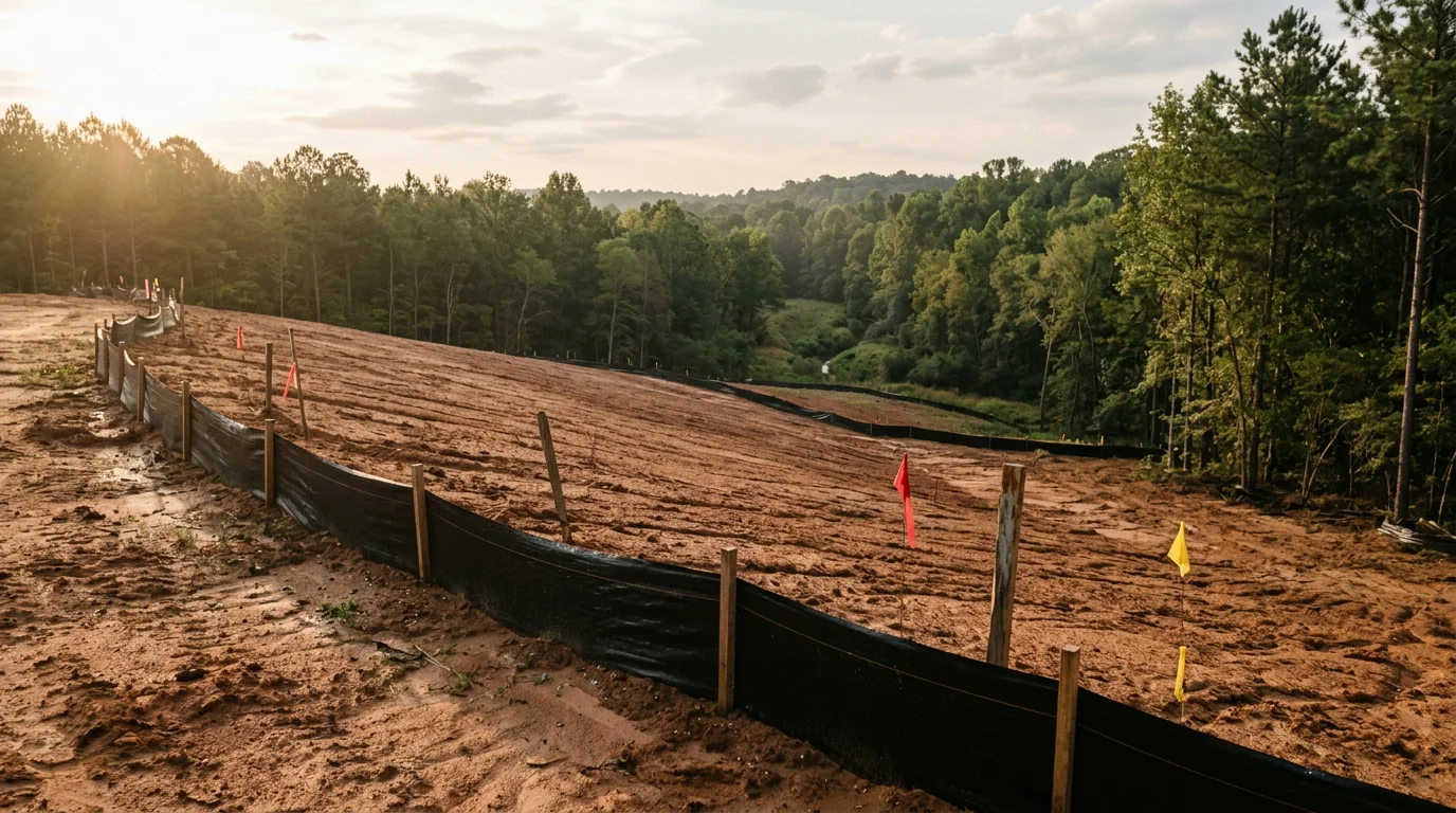 A rural Moore County property near Robbins, NC showing freshly graded red-sandy soil with erosion control measures along a sloped clearing adjacent to a wooded creek corridor.