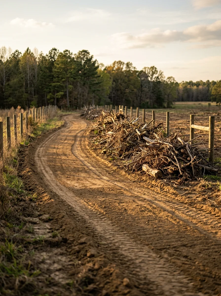 Farm management work on a rural Lee County property near Sanford, NC, showing cleared field edges and a graded farm road with brush piled for hauling along a fence line.