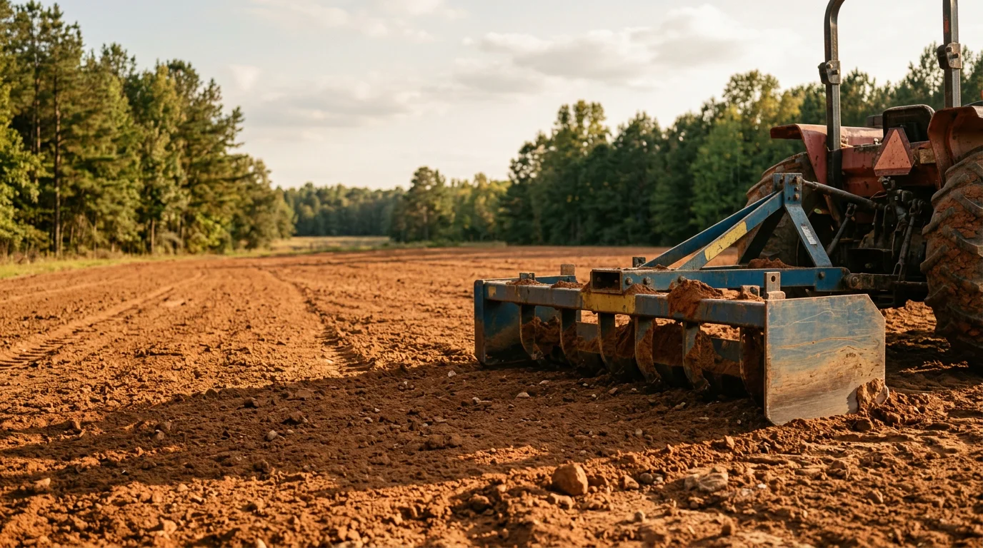 A cleared and graded agricultural field in Moore County, North Carolina, with freshly worked soil ready for planting. Heavy equipment tracks are visible across the leveled terrain near Robbins, NC.