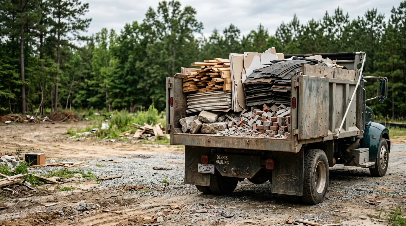 A loaded dump truck hauling construction debris including lumber scraps and drywall away from a job site in Robbins, North Carolina. The site is cleared and ready for the next phase of construction work.