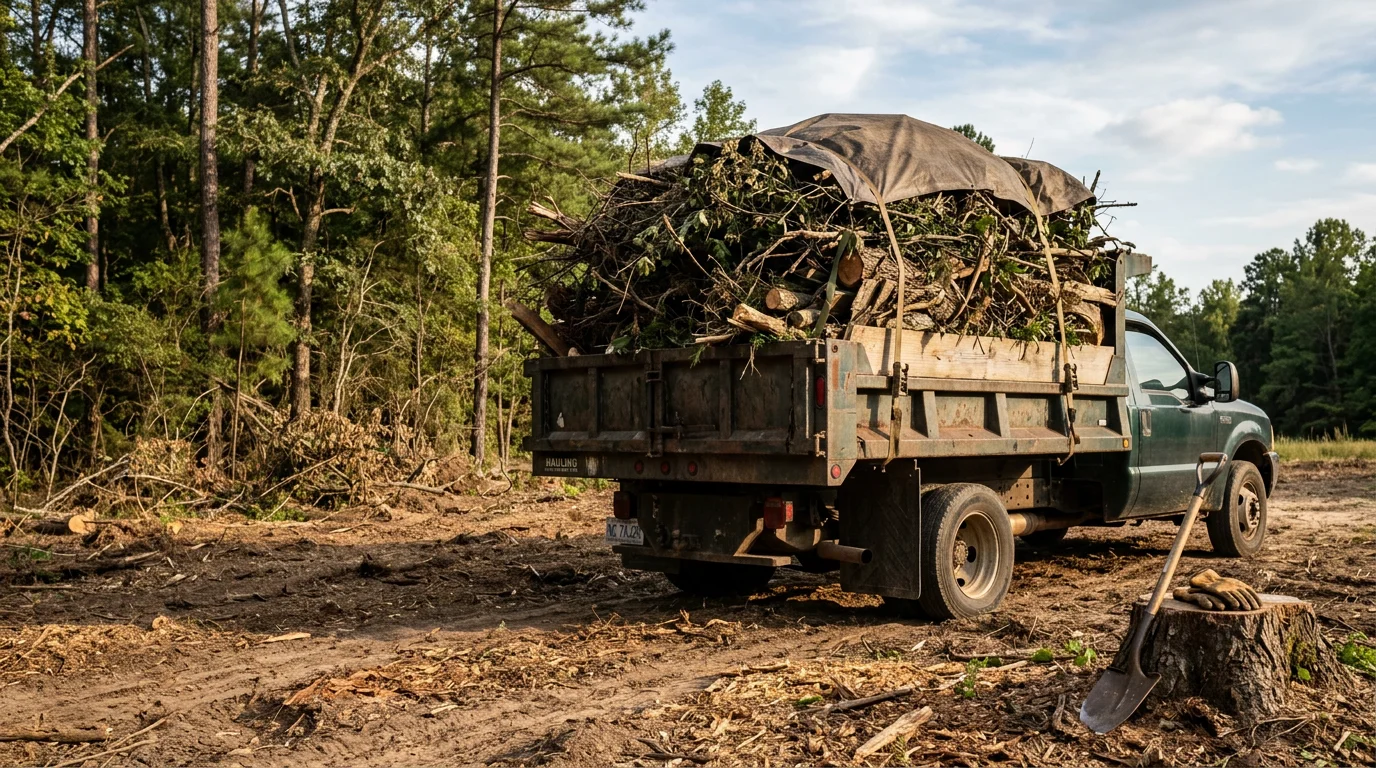 A truck loaded with yard debris and land clearing material parked on a rural residential property in Robbins, North Carolina. The cleared lot behind the vehicle shows open ground where overgrown brush and organic waste have been removed.
