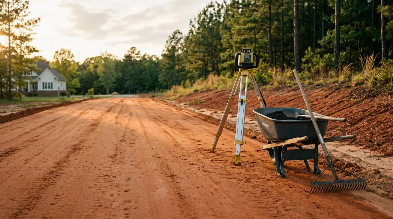 A freshly graded and compacted gravel driveway on a residential property in Robbins, North Carolina, with a smooth crowned surface and clean edges leading to a home. The surrounding landscape shows the sandy loam and red clay terrain typical of Moore County.