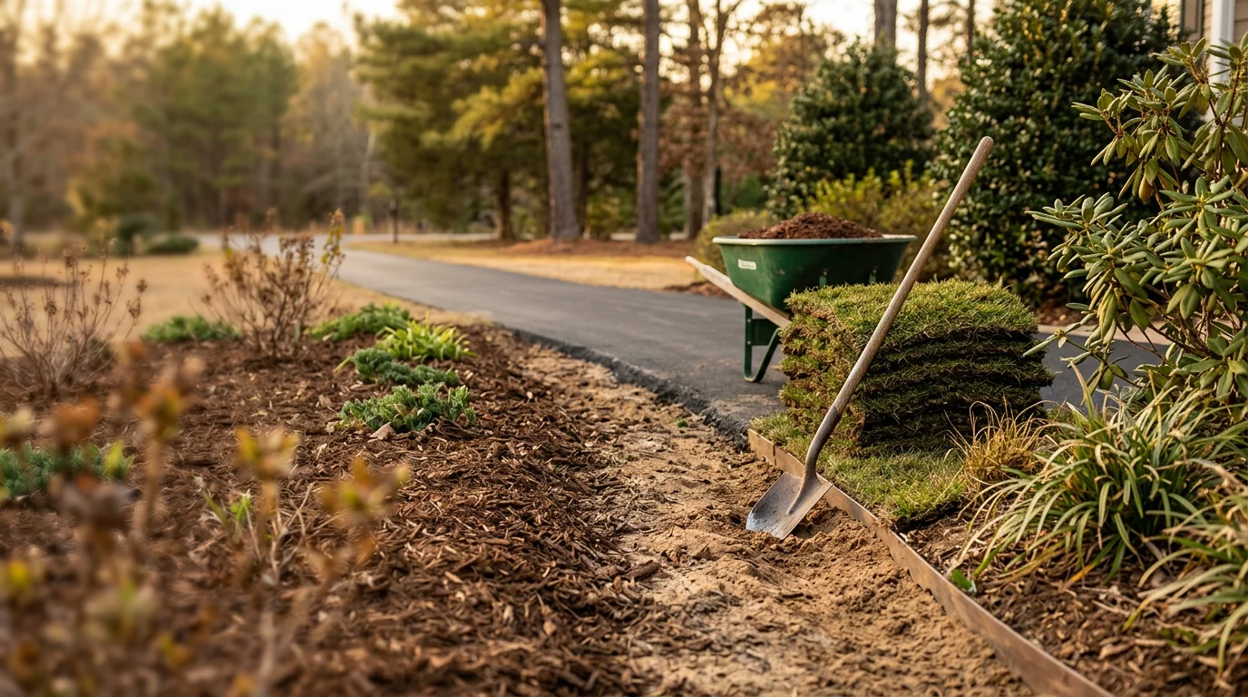 Landscaped driveway border in Robbins, North Carolina, with shaped mulch beds and low shrubs framing a residential entry. Sandy Sandhills soil visible along the edge, with a clean transition between the driveway surface and planted border.