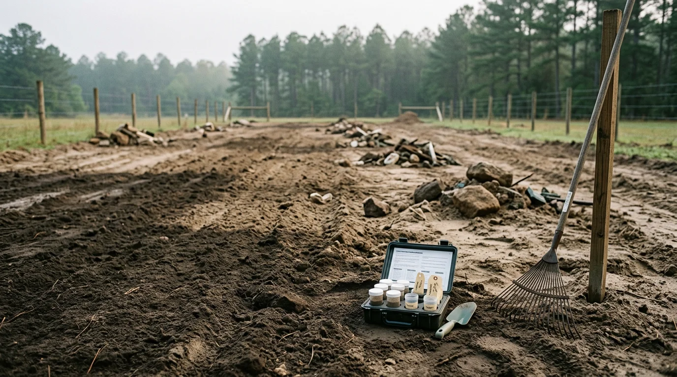 A cleared and restored rural farm field in Robbins, North Carolina after environmental remediation work, with clean soil and no visible debris or contamination. Heavy equipment sits at the edge of the treated area in a Moore County agricultural setting.