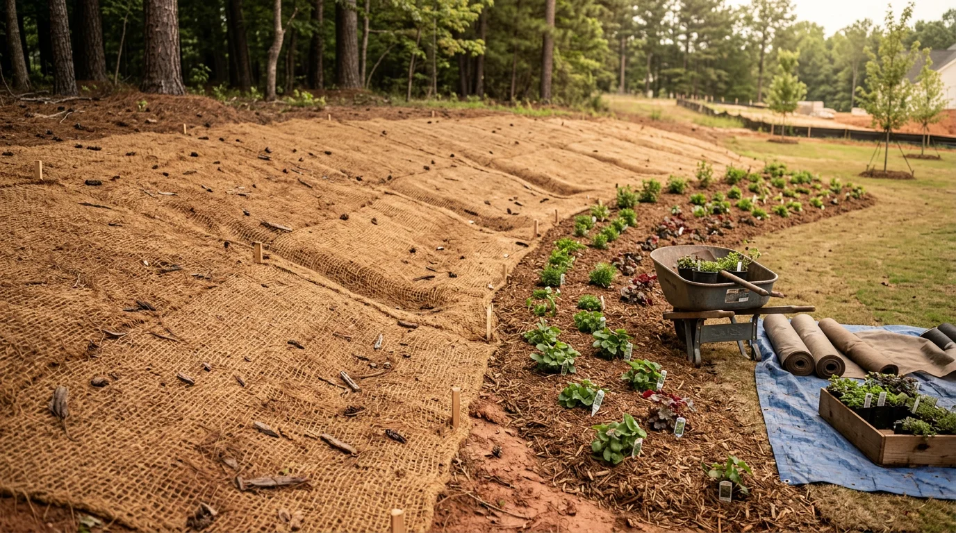 A stabilized slope on a residential property in Robbins, North Carolina, showing ground cover vegetation and mulch holding soil in place after rain. The yard edges are clean with no visible ruts, exposed roots, or sediment runoff.