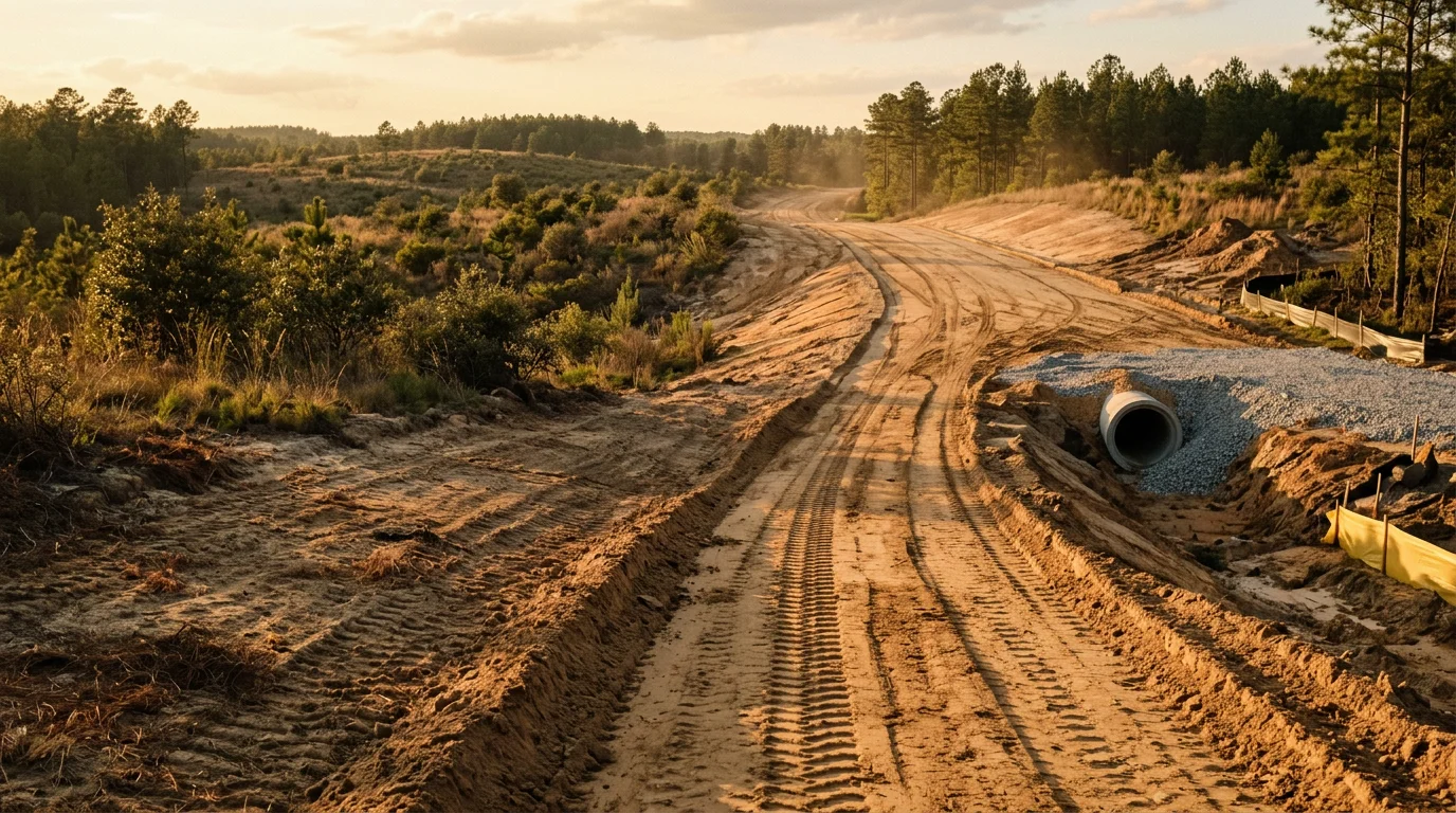A freshly graded gravel farm access road cutting through open rural land in Moore County, North Carolina, with shallow drainage ditches on each side and a cleared path leading toward a barn in the background.