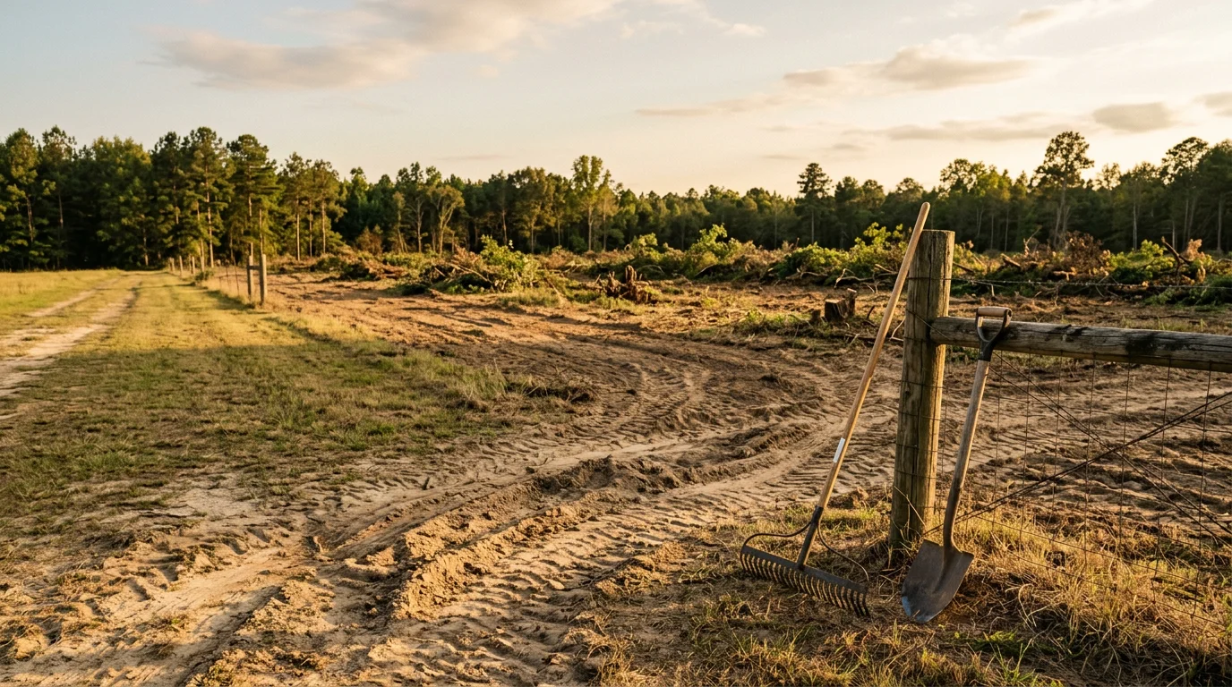 A well-maintained farm property in Robbins, North Carolina with cleared pasture land, trimmed fence lines, and open acreage managed by All Around Landscape Management LLC. The land shows controlled vegetation and clean field edges typical of active farm management work in Moore County.