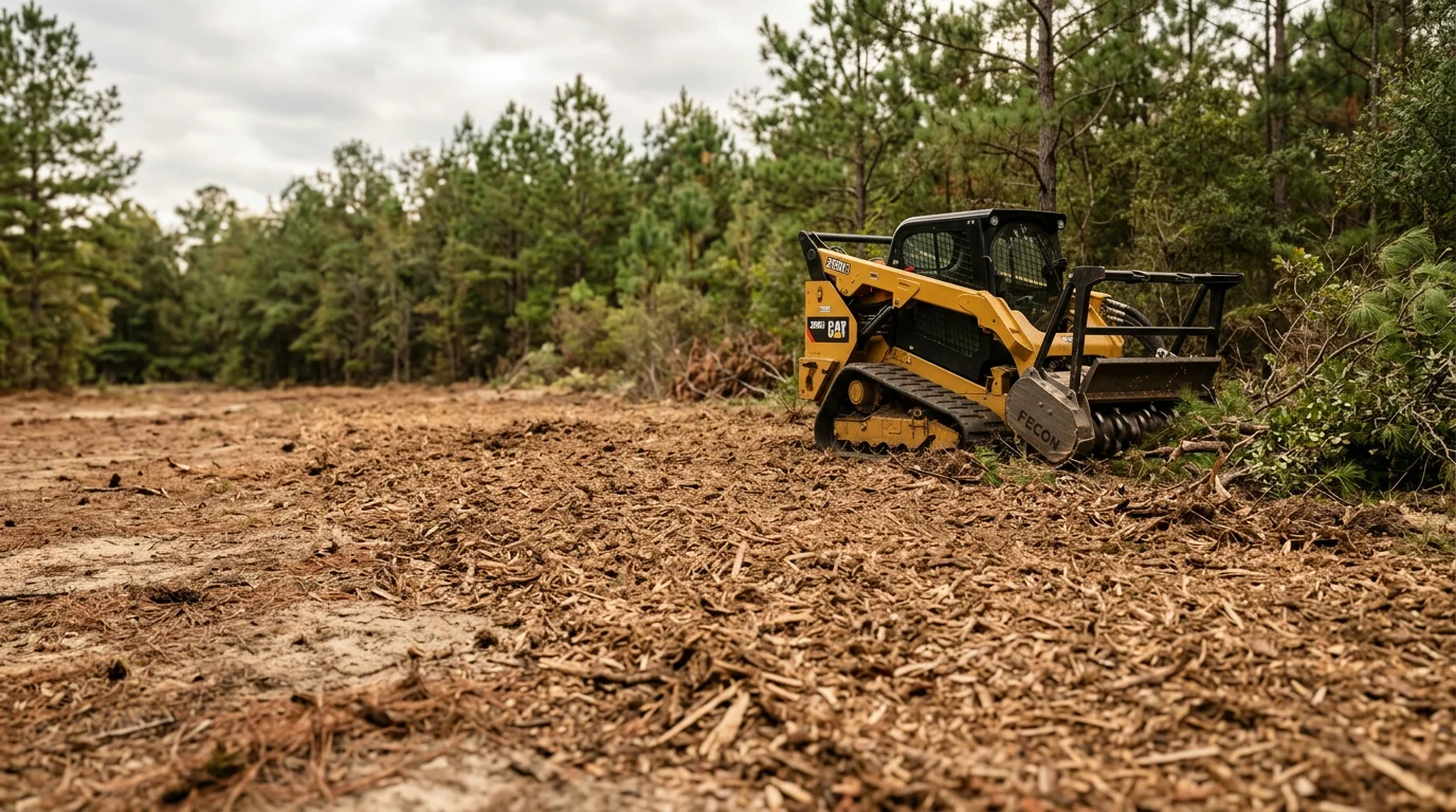 A forestry mulcher clearing dense brush and saplings on a rural property in Robbins, North Carolina. The cleared ground shows a layer of fresh wood mulch with open land visible beyond the machine.