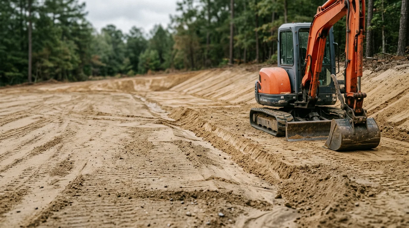 A graded residential lot in Robbins, North Carolina with freshly leveled soil and a shaped drainage slope ready for construction. An excavator sits at the edge of the cleared site with the surrounding Sandhills tree line visible in the background.