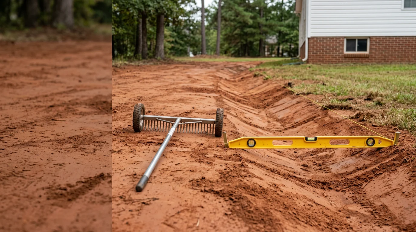 A freshly graded residential yard in Robbins, North Carolina, showing a smooth, gently sloped lawn surface directing water away from the home's foundation. Red clay soil is visible along the resloped edge where the grade has been corrected.