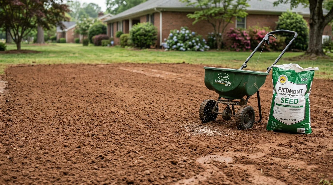 A freshly seeded residential lawn in Robbins, North Carolina, showing prepared soil and new grass growth across a previously bare yard. A landscaping crew works in the background on a clear day in the North Carolina Piedmont.