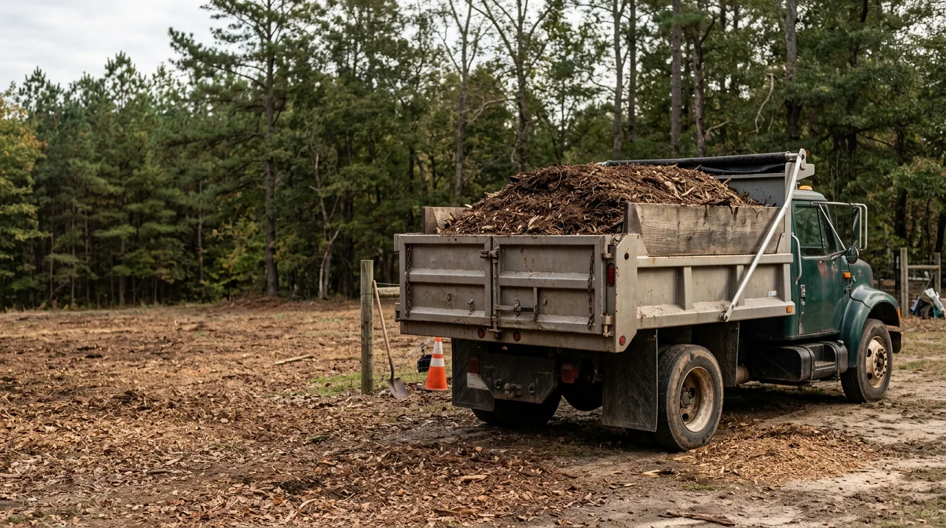 A hauling truck loaded with materials on a rural property in Moore County, North Carolina. The surrounding landscape shows wooded acreage typical of the Robbins area.