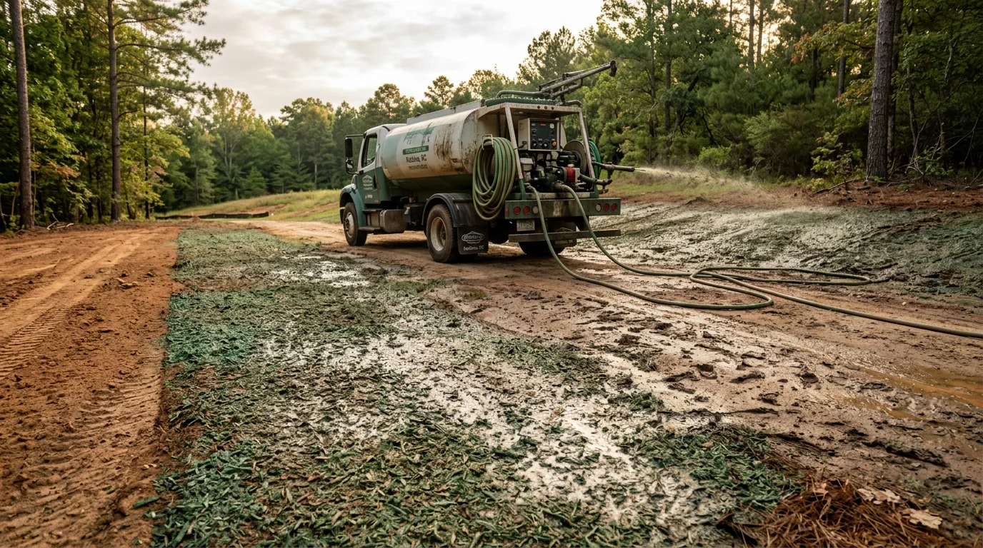 A freshly hydroseeded residential lawn in Robbins, North Carolina, showing an even green slurry coating applied across bare soil on a graded property. A spray application hose extends across the foreground with open Carolina sky in the background.