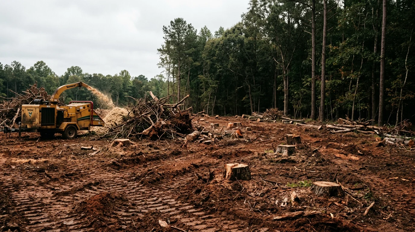 A cleared residential lot in Robbins, North Carolina showing removed brush and overgrowth with open ground visible after land clearing work. Dense vegetation along the property edge contrasts with the freshly cleared area in the foreground.