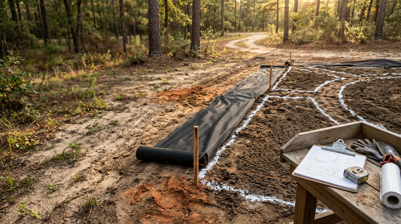 A professionally designed residential landscape in Robbins, North Carolina, featuring structured planting beds, shaped shrubs, and a clean lawn suited to the Sandhills growing region. The design shows clear bed edges and layered plantings along the front of a single-family home.