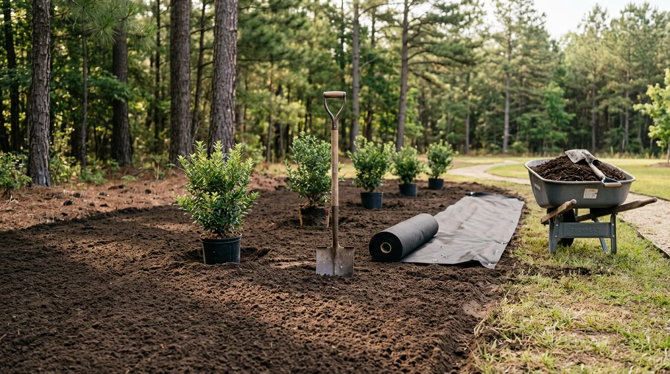 A freshly completed landscape installation at a residential property in Robbins, North Carolina, showing clean bed edges, newly placed plants, and ground cover across a front yard. The finished installation reflects site-specific soil preparation suited to the Moore County Sandhills region.