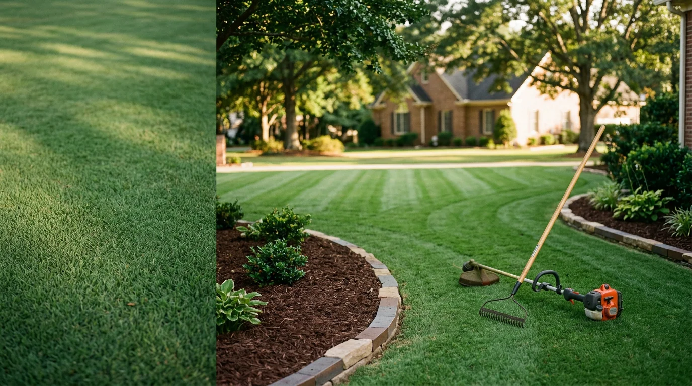 A well-maintained residential lawn in Robbins, North Carolina with cleanly edged turf, trimmed shrubs, and fresh mulch in the planting beds. All Around Landscape Management LLC crew equipment visible in the background.