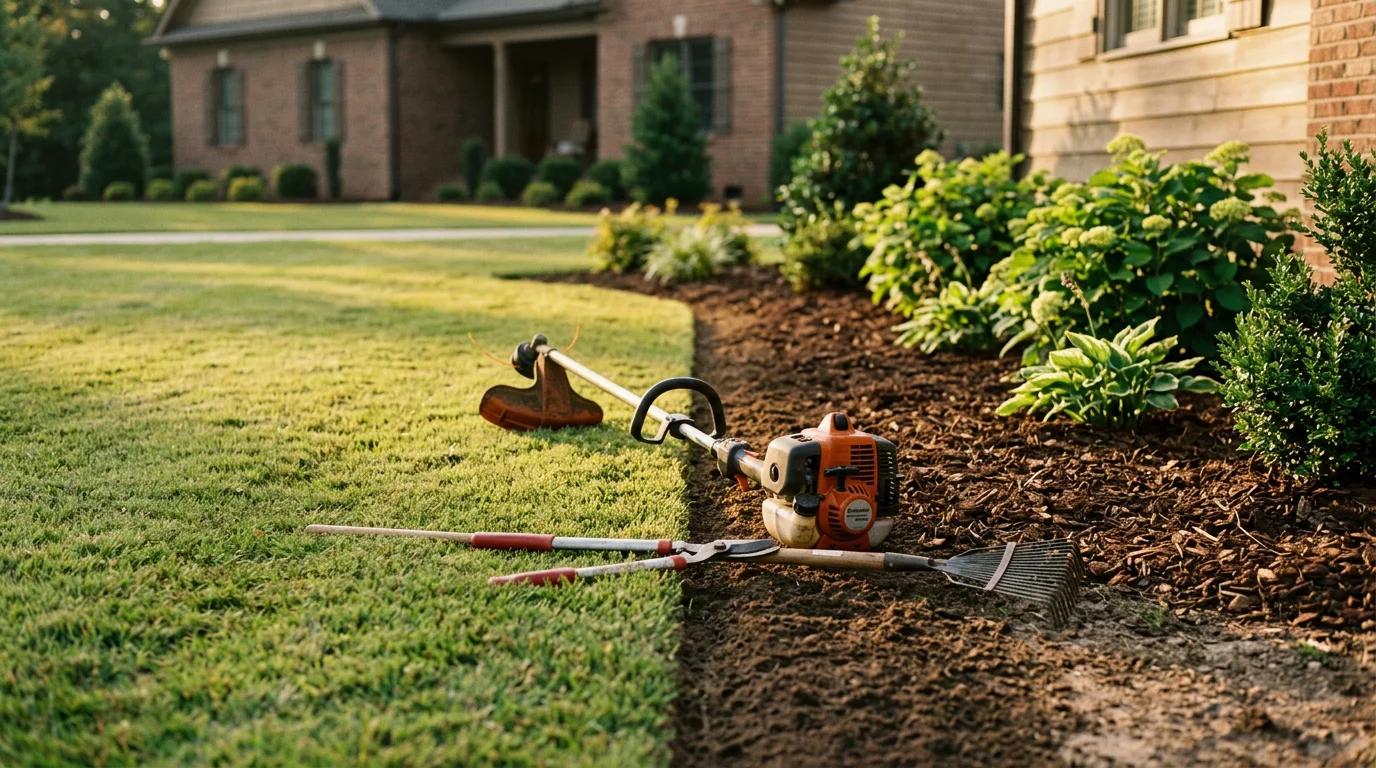 A well-maintained residential lawn and garden beds in Robbins, North Carolina, showing clean edges, healthy turf, and trimmed plantings typical of a managed Sandhills-area property.