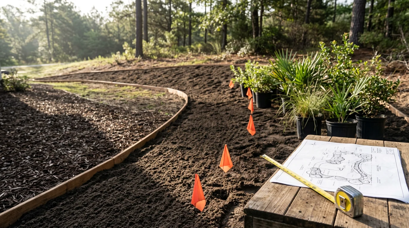 A professionally designed residential front yard in Robbins, North Carolina, featuring defined planting beds, layered shrubs, and a clean lawn edge suited to the Sandhills region. The landscape reflects thoughtful plant placement and graded soil to manage drainage on a Moore County property.