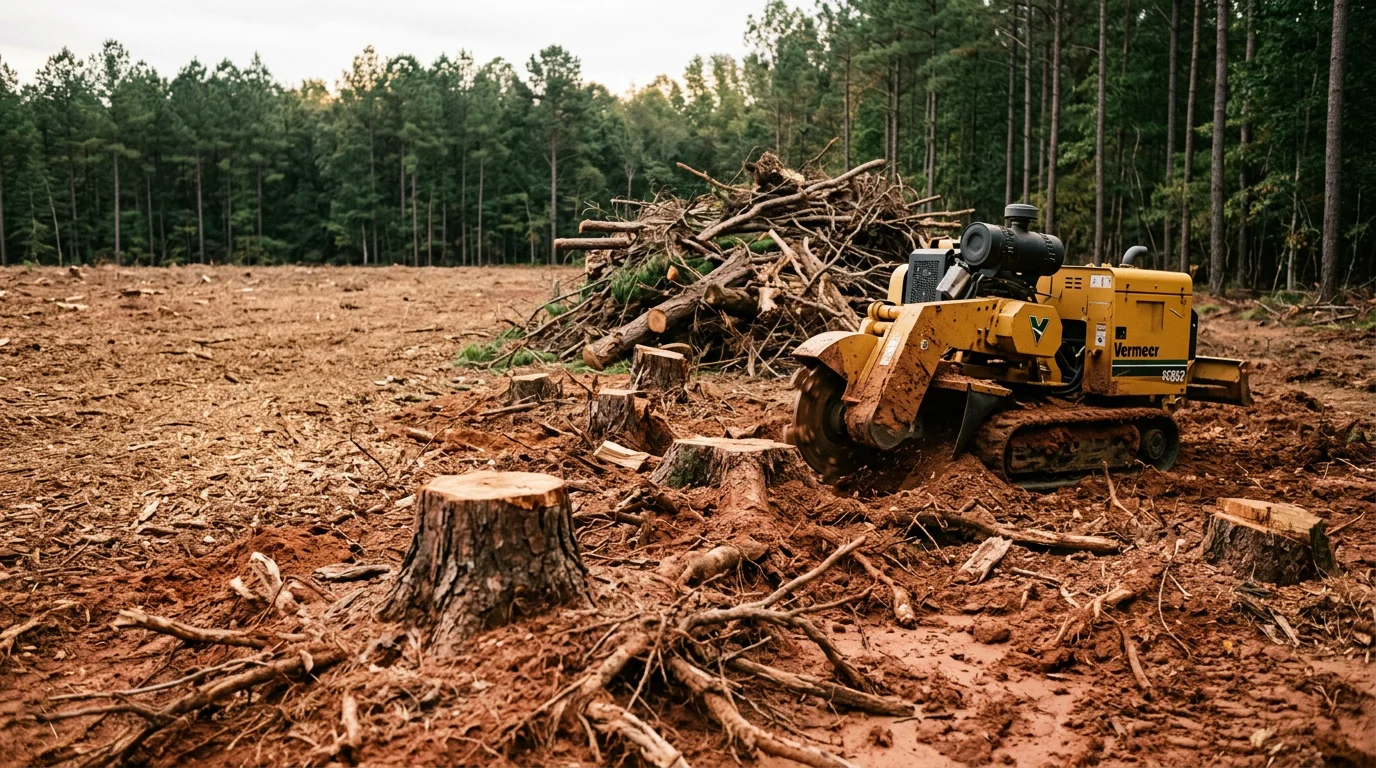 A freshly cleared residential lot in Robbins, North Carolina with trees, stumps, and brush removed, leaving open ground ready for construction. Equipment tracks are visible across the red clay soil surface.