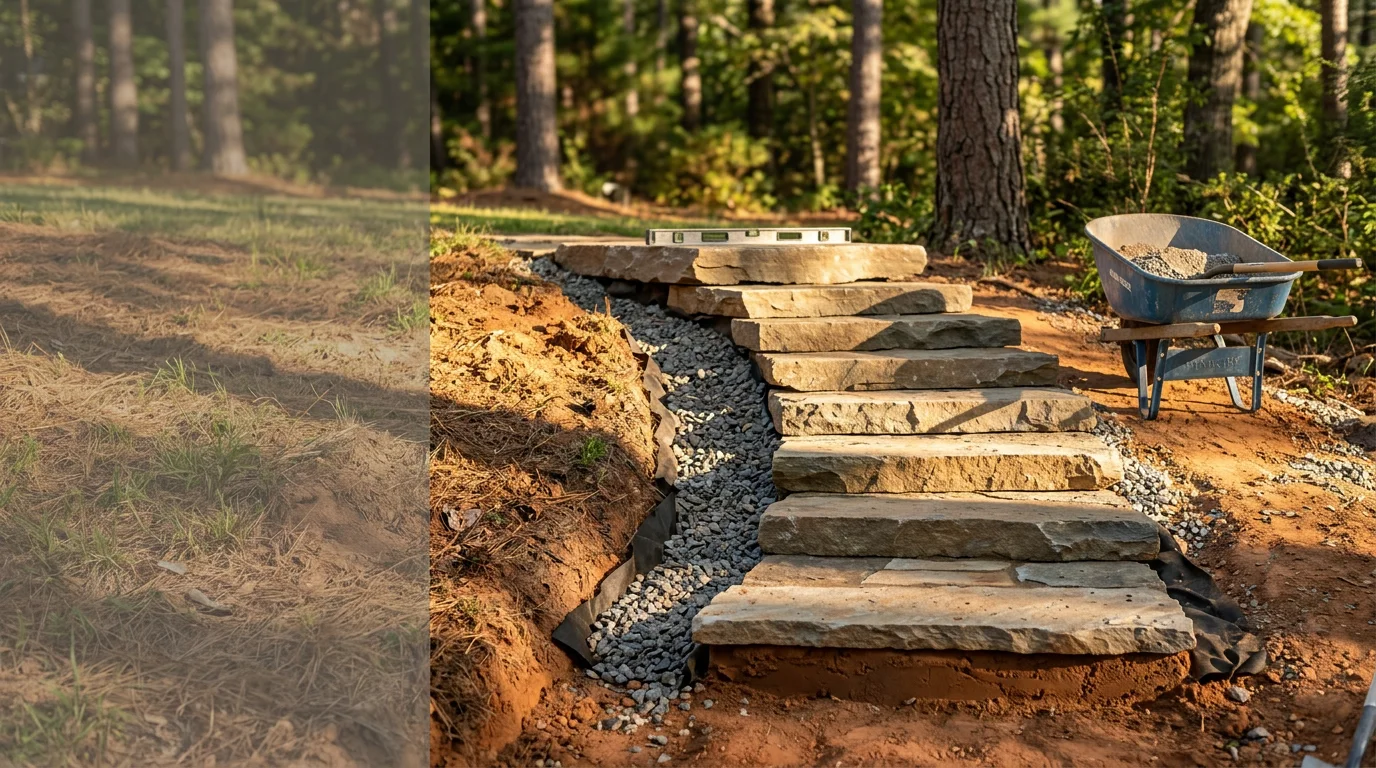 Newly constructed outdoor landscape steps leading down a graded yard at a residential property in Robbins, North Carolina. The steps create a clean, level path between two elevations of the lawn.
