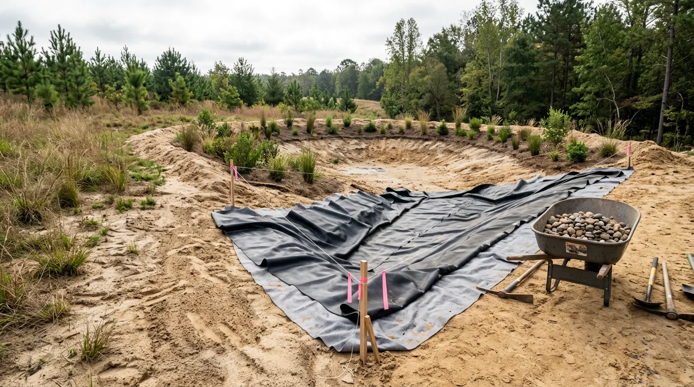 A custom outdoor water feature designed by All Around Landscape Management LLC, showing a natural-style pond with surrounding landscaping in a residential backyard in Robbins, North Carolina. The feature is integrated into a sloped yard with planted beds along the edges.