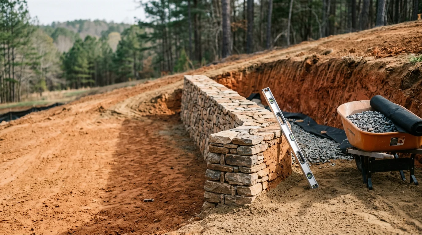 A freshly built retaining wall holding back a sloped yard on a residential property in Robbins, North Carolina, with level ground above and clean drainage at the base. The wall runs along a grass lawn with mature trees visible in the background typical of the Moore County Sandhills landscape.