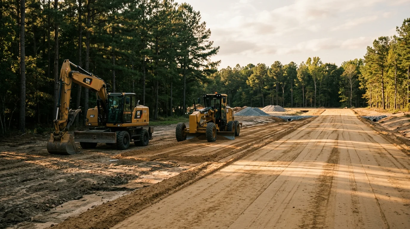 A freshly graded and surfaced private access road on a rural property in Robbins, North Carolina, with a compacted base and clear drainage channels along the edges. The road leads through open land typical of Moore County, with a stable surface ready for regular vehicle use.