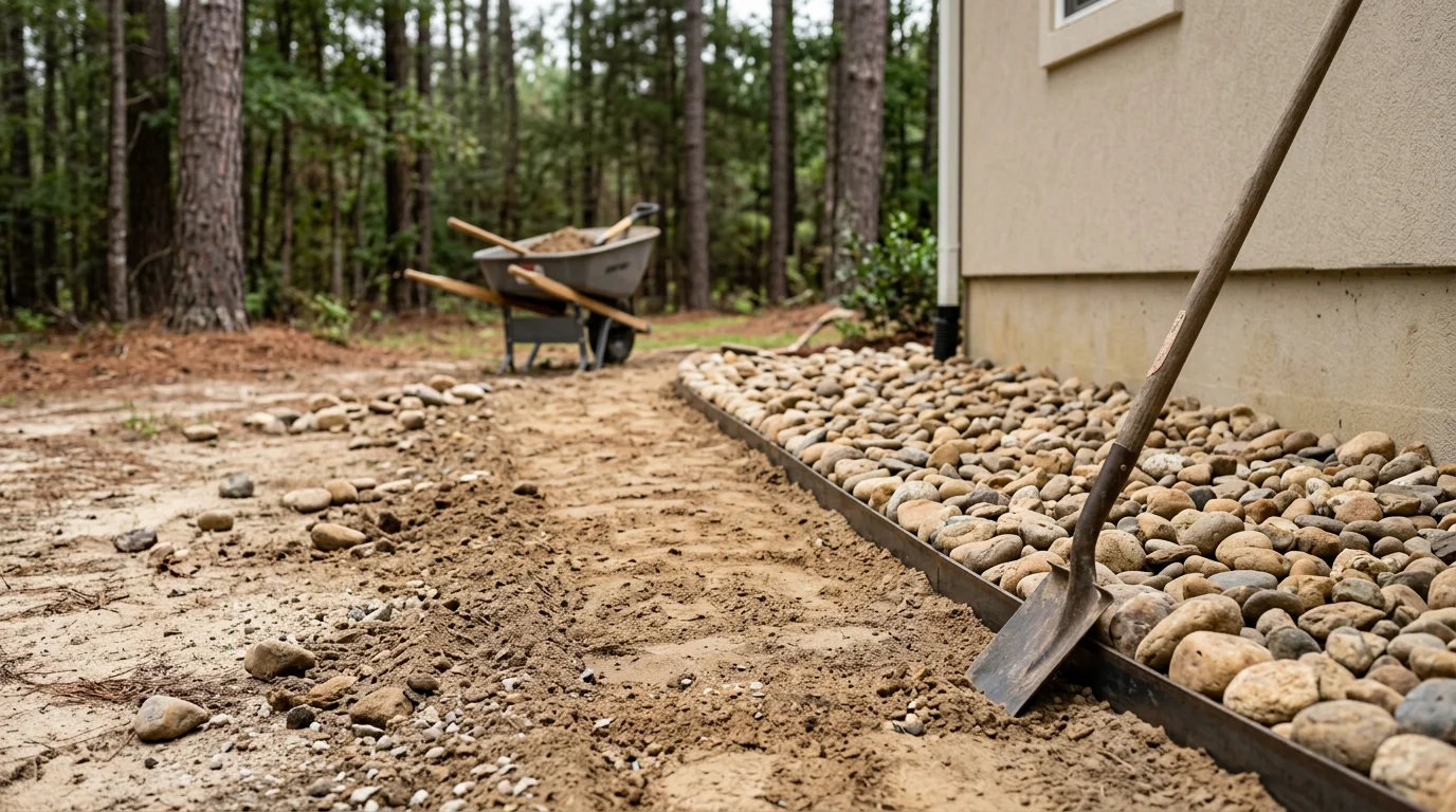 A finished rock landscaping bed in Robbins, North Carolina with decorative stone ground cover lining a residential planting area. Angular rock borders a sloped yard, showing erosion control and clean edging typical of Sandhills-area properties.