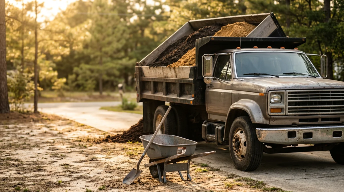 A bulk delivery of dark hardwood bark mulch being unloaded at a residential property in Robbins, North Carolina, with freshly spread mulch covering a landscaped garden bed. A pile of screened topsoil sits nearby ready for spreading across a prepared yard area.
