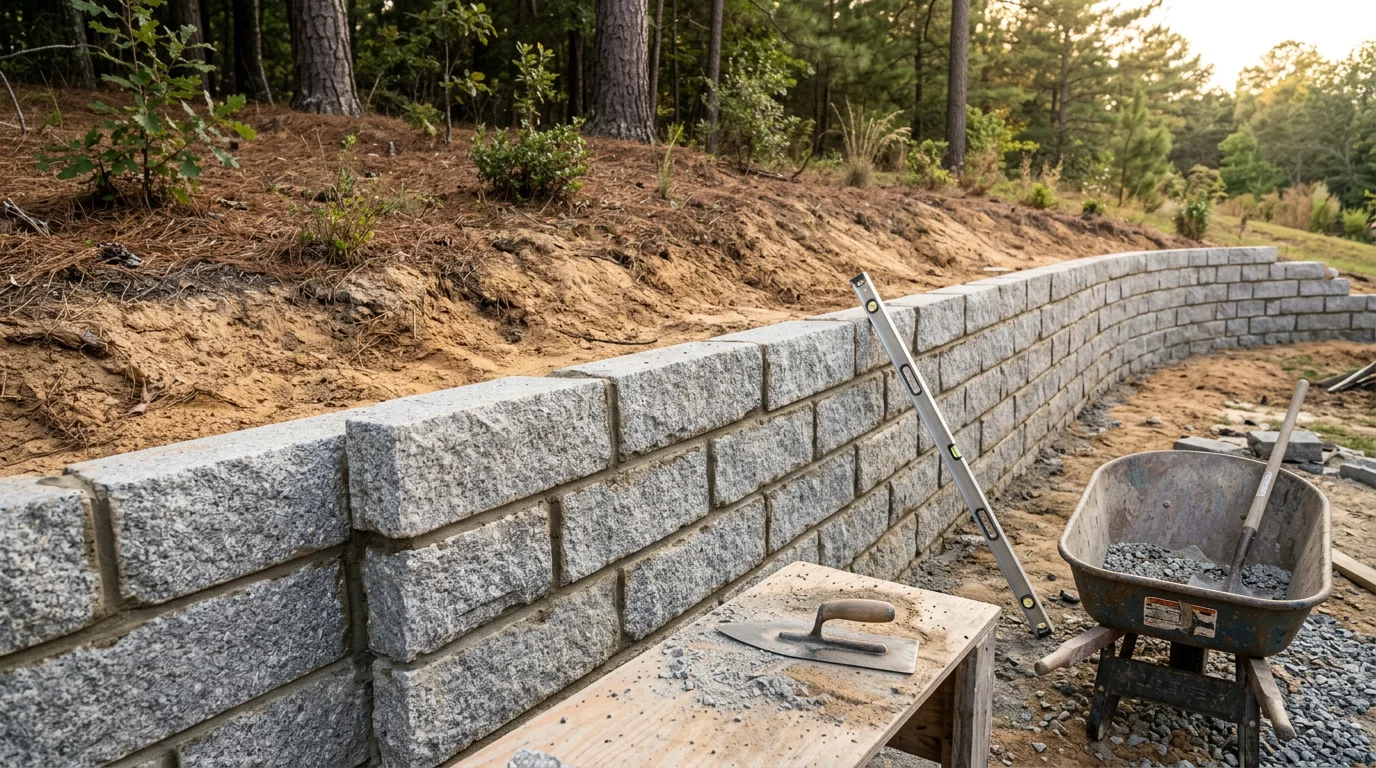 A finished stone landscaping installation at a residential property in Robbins, North Carolina, showing a defined stone pathway and bordered garden beds with red clay soil visible in the background. The stonework follows the natural slope of a Sandhills-area yard.