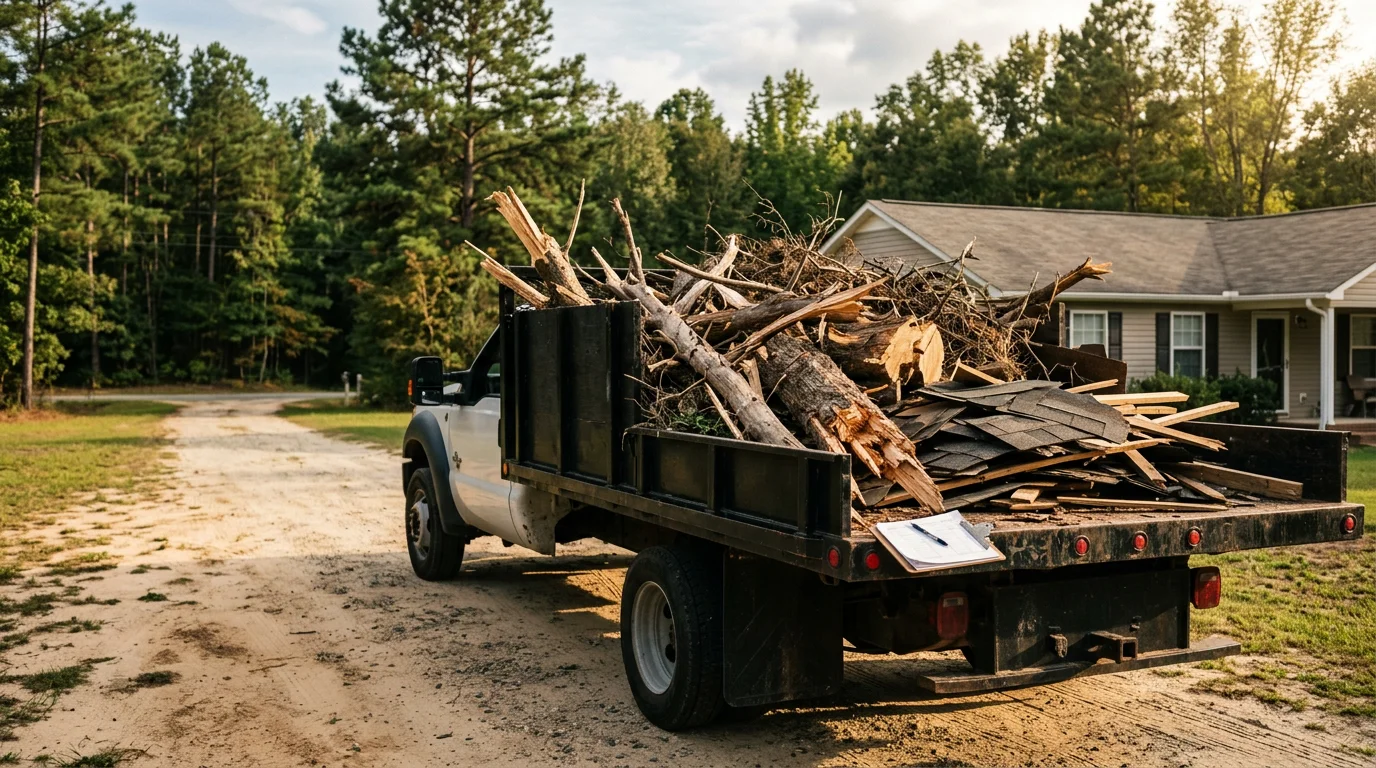 Storm debris including fallen tree limbs, roofing materials, and scattered branches piled on a residential property in Robbins, North Carolina after a severe weather event. A hauling truck from All Around Landscape Management LLC is positioned nearby for loading and removal.
