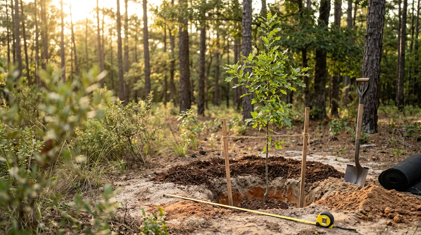 A freshly planted native oak tree in a residential yard in Robbins, North Carolina, with mulch around the base and open lawn in the background. A landscaping crew from All Around Landscape Management LLC works to set the tree at proper planting depth on a clear day.