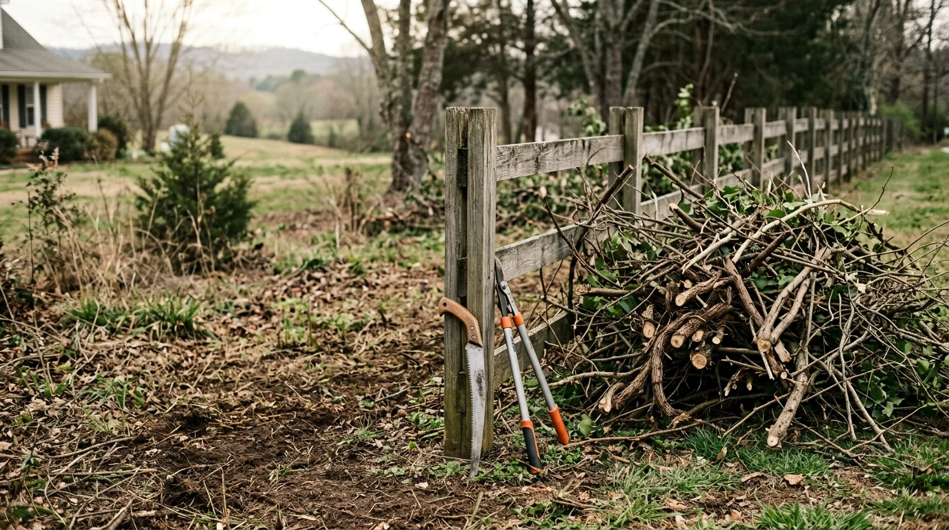 A cleared residential property in Robbins, North Carolina showing removed brush and controlled vegetation along a fence line. The surrounding area shows open, manageable ground after overgrown scrub has been cut back.