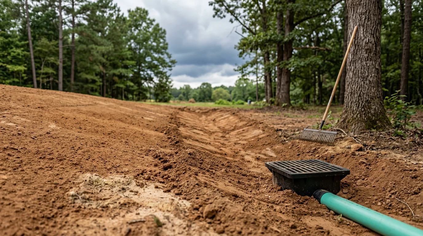 A residential yard in Robbins, North Carolina showing a newly graded lawn with a swale directing water away from the home's foundation. The surrounding turf is dry and level following a yard drainage installation by All Around Landscape Management LLC.