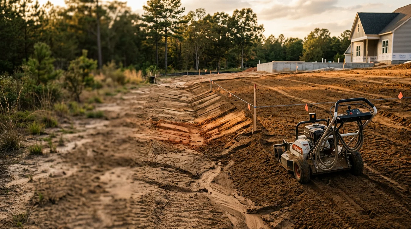 A freshly graded residential yard in Robbins, North Carolina, with smooth, sloped soil leading away from the home's foundation. The reshaped ground shows clean contours ready for seeding, with no visible low spots or pooling areas.